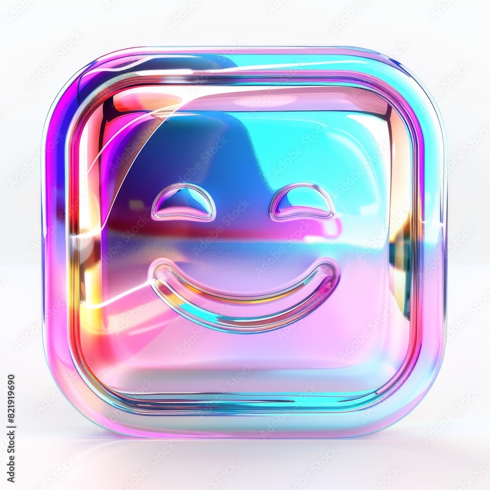Poster a colorful object with a smiley face on it, featuring holographic and minimalistic design elements. 