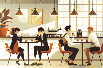 Ethnically diverse People group colleagues and friends talking during their office coffee break in modern office or coffee shop. Office life concept