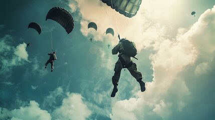 Parachutist in the sky with a group of paratroopers. Patriotism Concept. Military Concept. - Powered by Adobe