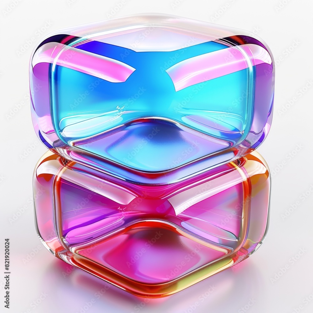 Poster a vibrant, multicolored abstract holographic object on a clean white surface. creating a striking an
