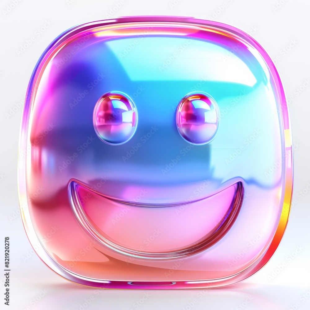Poster a colorful object with a smiley face on it, featuring holographic and minimalistic design elements. 