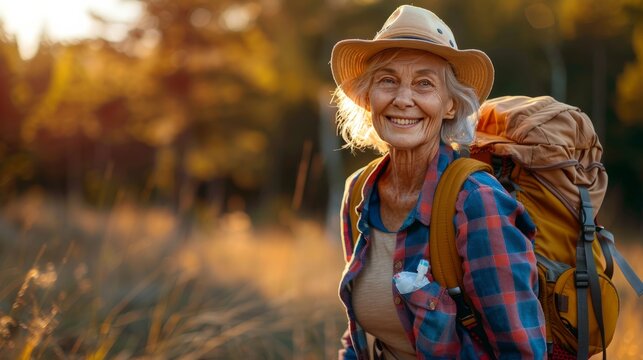 Elderly woman enjoying an active lifestyle, walking in nature with a smile. She is sporting a backpack and hat, embodying outdoor activity, health, and happiness