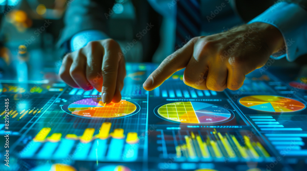 Poster two people are looking at a computer screen with a lot of graphs and numbers. they are pointing at d