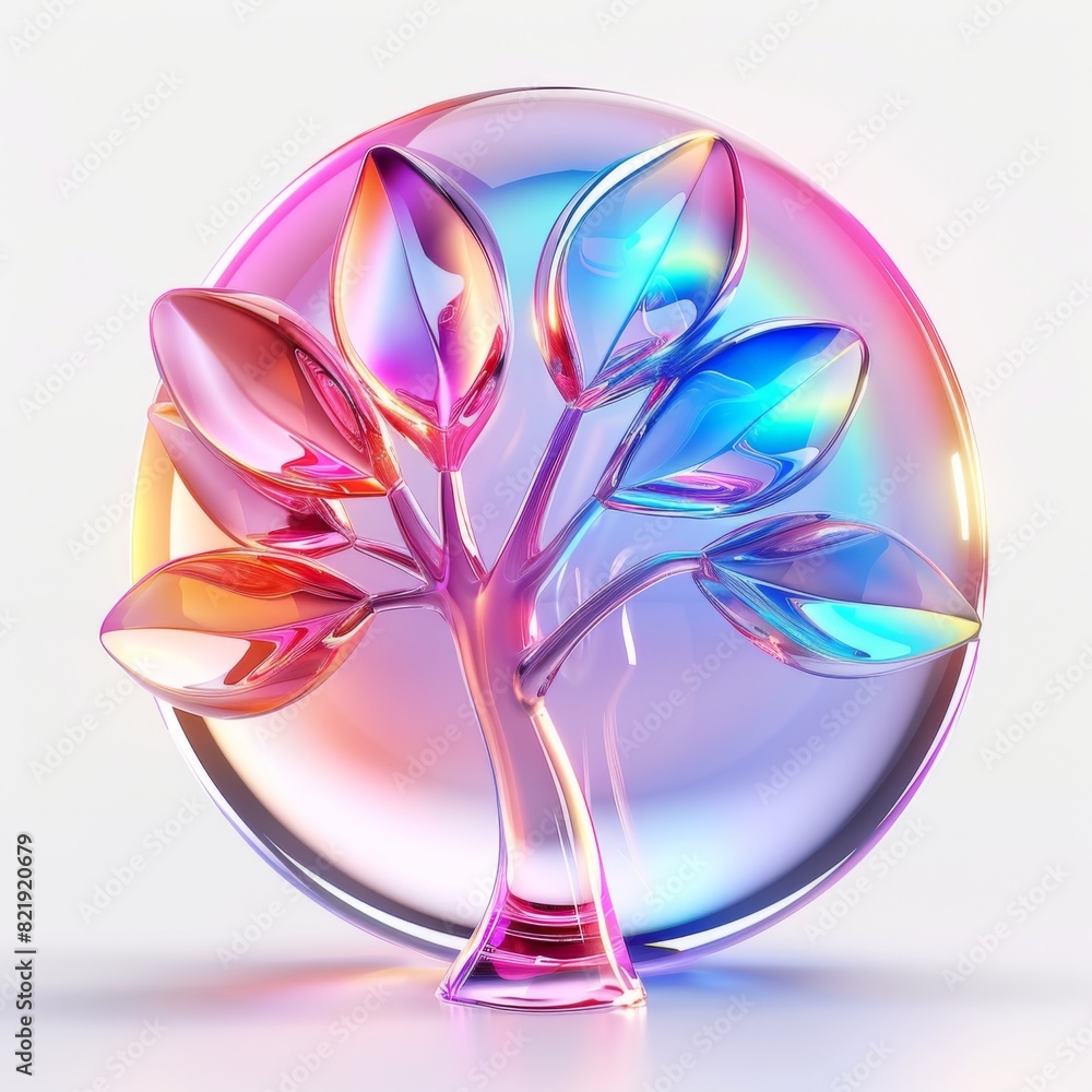 Poster a simple glass tree emoji , creating a holographic and minimalistic aesthetic with a touch of enchan