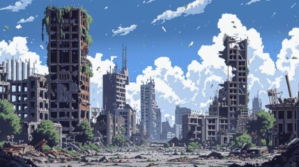 An artistic representation in pixel art showing a desolate cityscape with towering, unfinished skyscrapers and debris-strewn streets under a clear blue sky.