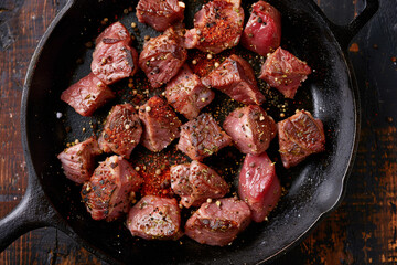 Top view of cast iron frying pan with raw meat seasoned with pepper 