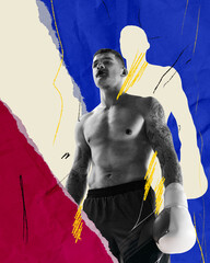 Shirtless muscular man, boxing athlete in gloves showing readiness to fight and win. Abstract...