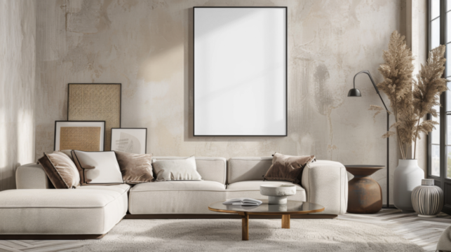 blank transparent poster frame on wall in living room with beige sofa. Transparent mockup. - Powered by Adobe