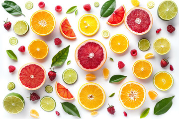 Top View of Exotic Fruits and Citrus Slices on a White Background 