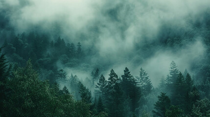 Foggy forest landscape with lush green trees and mist creating a serene and mystical atmosphere