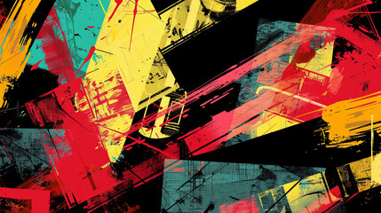 Fototapeta premium Dynamic abstract background with sharp, overlapping shapes and bold colors, featuring red, yellow, and teal splashes