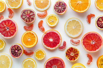 Obraz premium Top View of Exotic Fruits and Citrus Slices on a White Background 