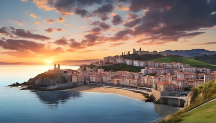 Naklejka premium Sunset view of the city of Ribadesella.Asturias, Spain.