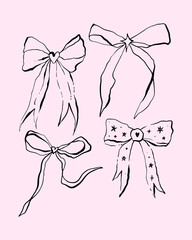 Coquette pretty charming pink heart bows bundle set vector Illustration, cute doodle hair decor, boho flat girl bow accessories. Ribbon isolated hand-drawn art. Trendy girly fancy concept. Holiday