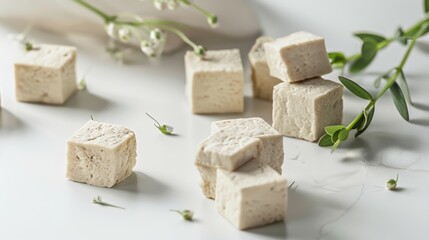 Soy Bean curd tofu with greens on white background Non-dairy alternative substitute for cheese