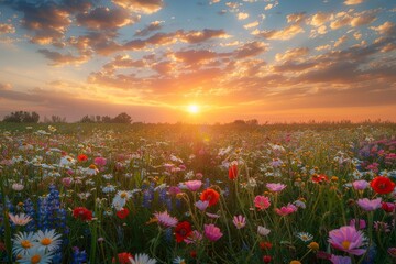 Fototapeta premium Golden hour in a field of blooming wildflowers