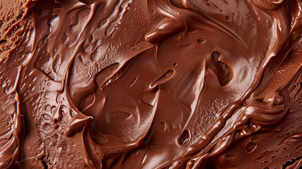 Close-up of chocolate ice cream with rich, creamy texture and smooth swirls