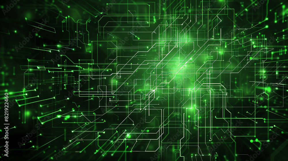 Poster abstract digital technology background in dark green color with circuit board patterns and glowing l