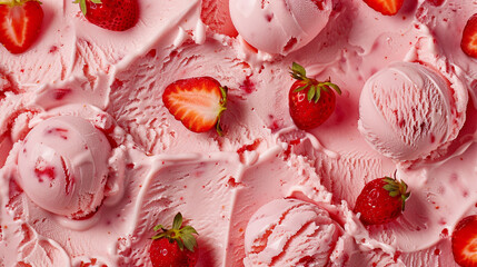 Close-up of strawberry ice cream with fresh strawberries and creamy texture