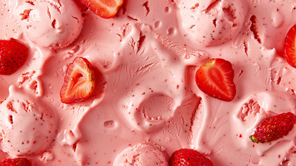 Close-up of strawberry ice cream with fresh strawberries and creamy texture