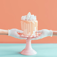 Hands holding a decorated cake on a pink stand