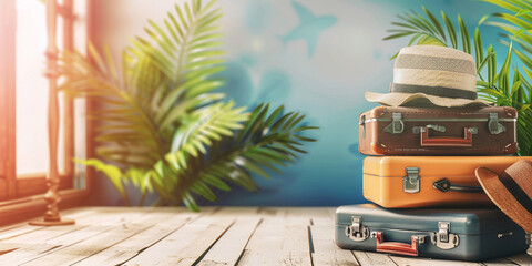 Stack of vintage suitcases with straw hats in a tropical setting, featuring lush green plants and sunlight