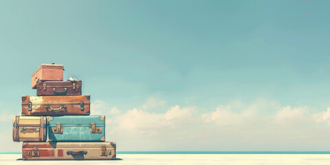 Banner with vintage suitcases stacked on a sandy beach with a clear blue sky and ocean in the background. Copy space