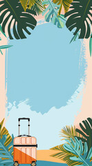 Illustrated modern suitcase surrounded by tropical leaves with a bright blue background. Vertical banner with copy space