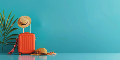 Modern orange suitcase with straw hat and tropical leaves against a bright blue background. Banner with copy space