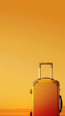 Modern suitcase against a bright orange background. Vertical banner with copy space