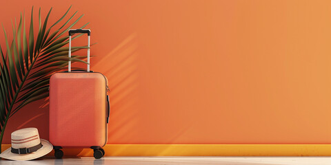 Banner with copy space and orange suitcase with straw hat and tropical leaf against an orange background