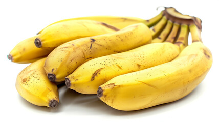 Arrangement of yellow bananas on a clean white background, real photo, stock photography, side view, detailed and sharp for clipping. Ai generated