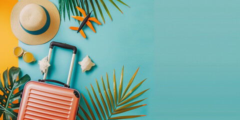 Banner with copy space and summer vacation staff including orange suitcase, straw hat, sunglasses, and tropical leaves on colorful background