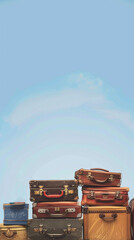 Stack of colorful vintage suitcases against a blue background with copy space