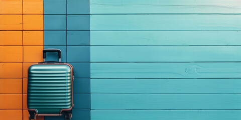 Modern teal suitcase against a vibrant orange and blue wooden background