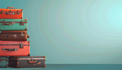 Stack of colorful vintage suitcases against a blue background with copy space