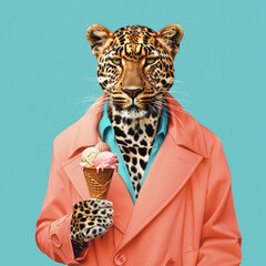 Leopard in a Coral Coat Holding Ice Cream