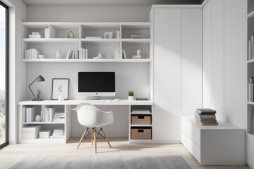 Frosty White Study Room Design With Open And Closed Storage Unit