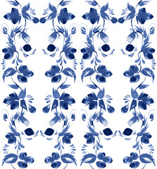 Floral damask seamless pattern from blue hand drawn hazelnut twigs, leaves and indigo nuts on a white background