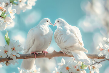 Two doves pigeons sit on a branch and hug, background of flowers and the sky