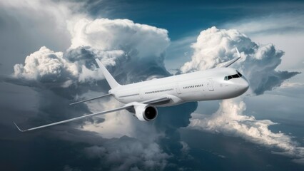 Fototapeta na wymiar White passenger airplane flying in the sky amazing clouds in the background - Travel by air transport
