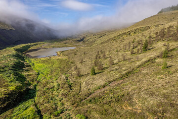 Aerial View of Pico do Ferro Summit on Sao Miguel Island, Azores, Scenic Landscape with Lush...