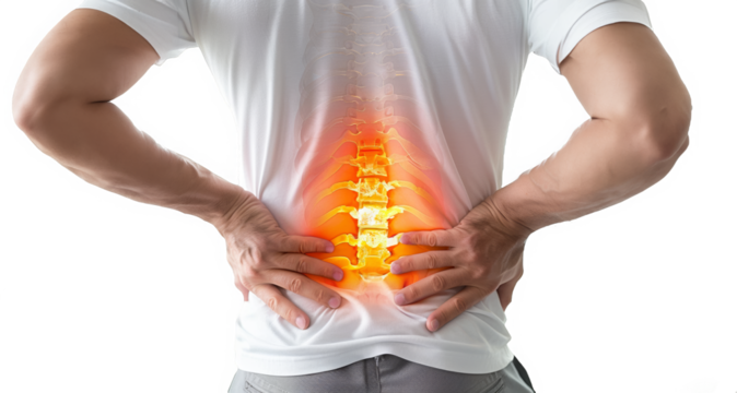 man wearing white t-shirt have a back pain. inflammation showing back bone and yellow red light on his hurt. transparent background.