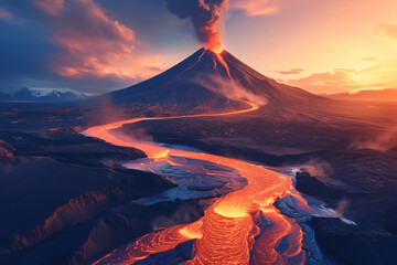 Volcanic eruption process. Landscape of volcano with exploding and flowing lava and magma. Hot volcanic magma eruption and exploding with smoke infernal. Natural disaster concept