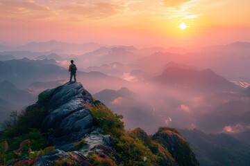 Tourist man hiker on top of the mountain at the sunrise Goals and achievements concept  