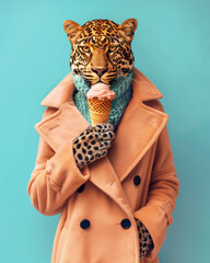 Leopard in coat holding ice cream cone