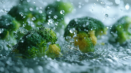 Ripe green broccoli in a splash of water close-up, dynamic image