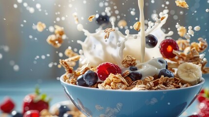 Cereal Breakfast. Muesli Splash in Bowl with Fresh Fruits and Pouring Milk