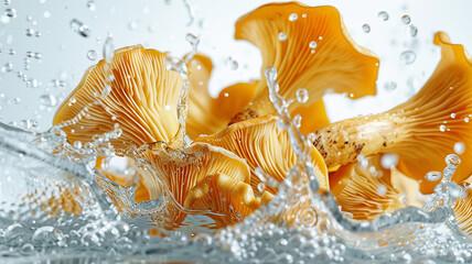 Orange forest mushrooms chanterelles in splashes of water close-up, dynamic image