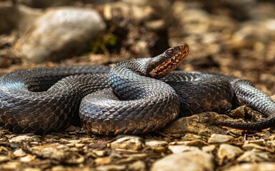 Closeup of a coiled snake atop a cluster of grey rocks